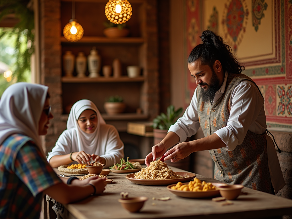 Family enjoys a cooking session in a rustic kitchen, man in apron garnishing food.