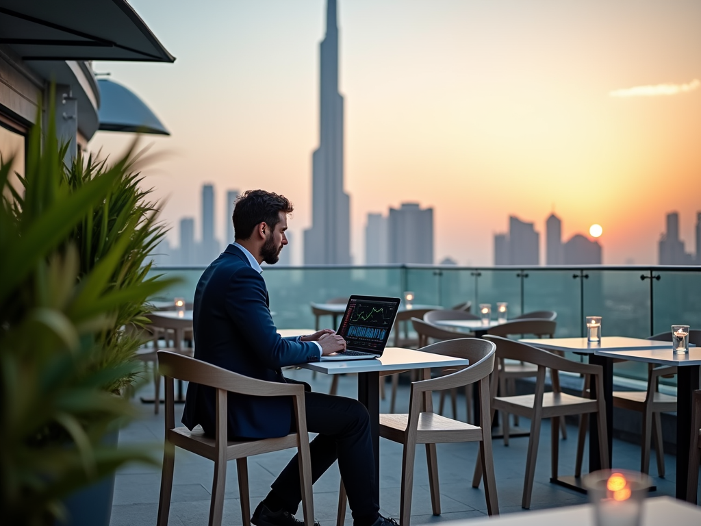 Man in suit working on laptop at rooftop cafe during sunset with city skyline in background.