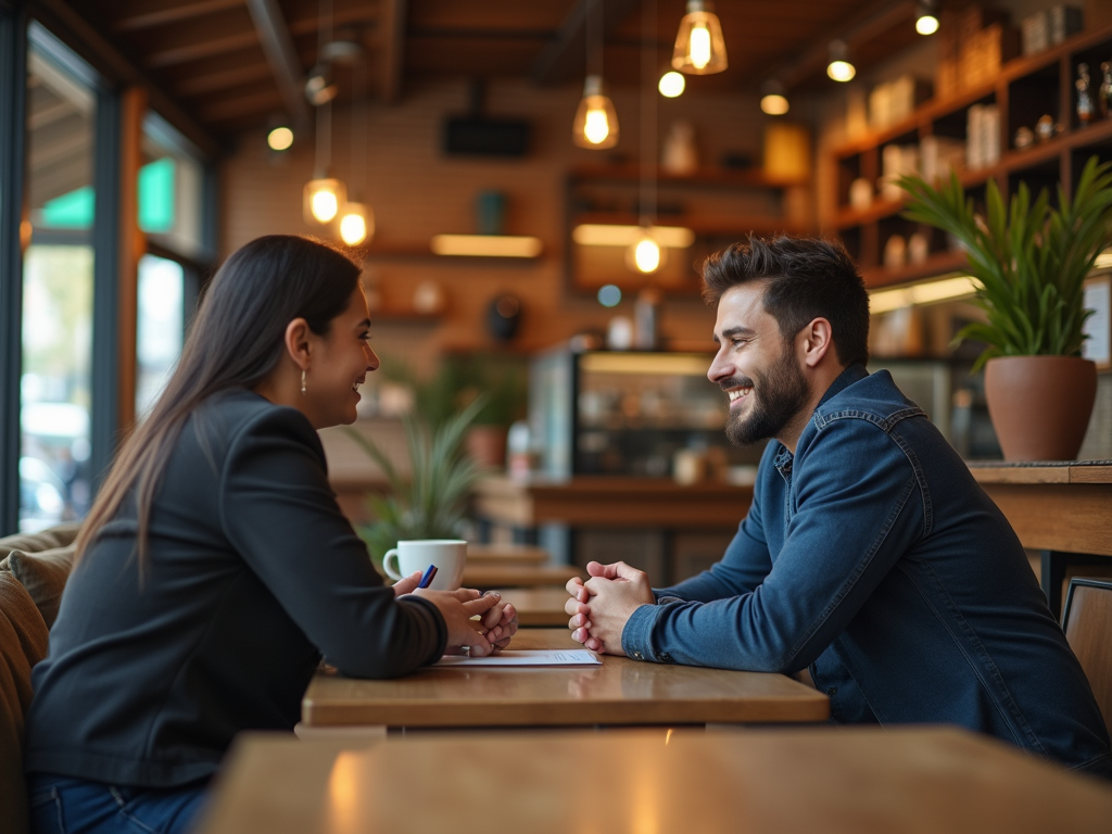 Man and woman smiling and talking at a cozy coffee shop table.