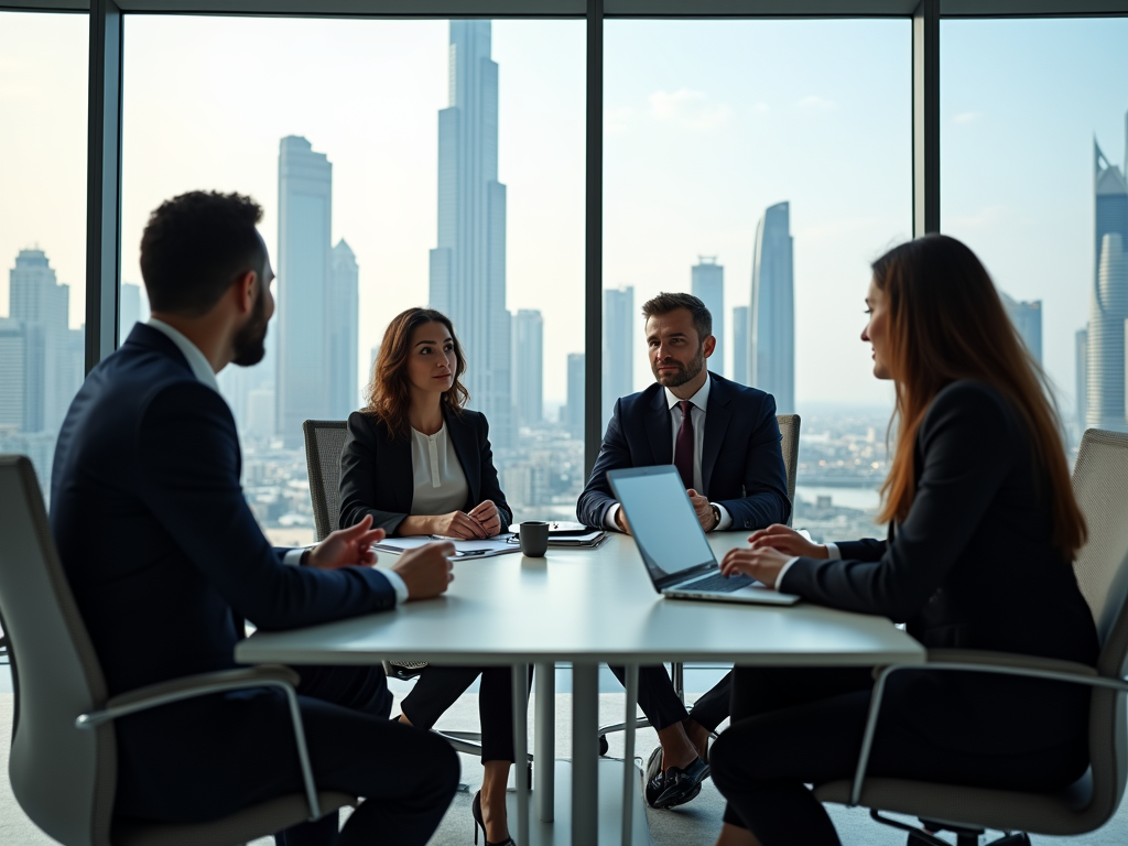 Business professionals discussing in a meeting room with city skyline view.