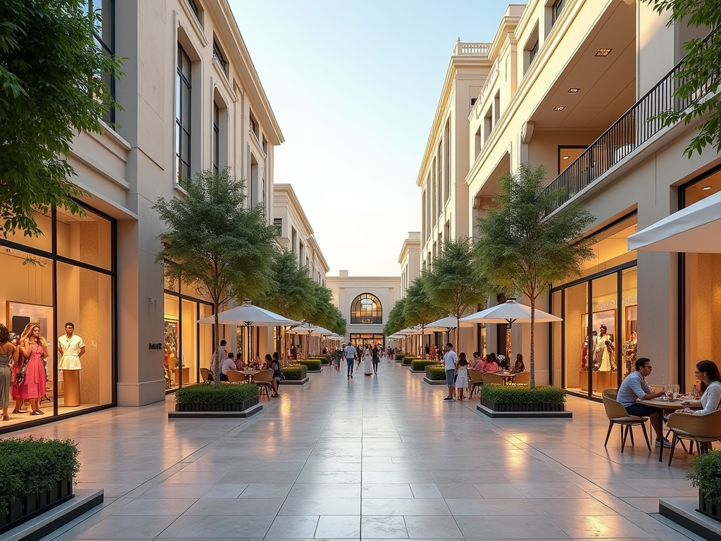 Outdoor shopping plaza with people walking and dining in the evening sunlight.