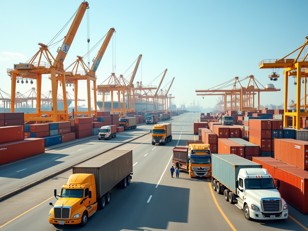 Trucks driving through a busy container port with large cranes and stacked shipping containers.