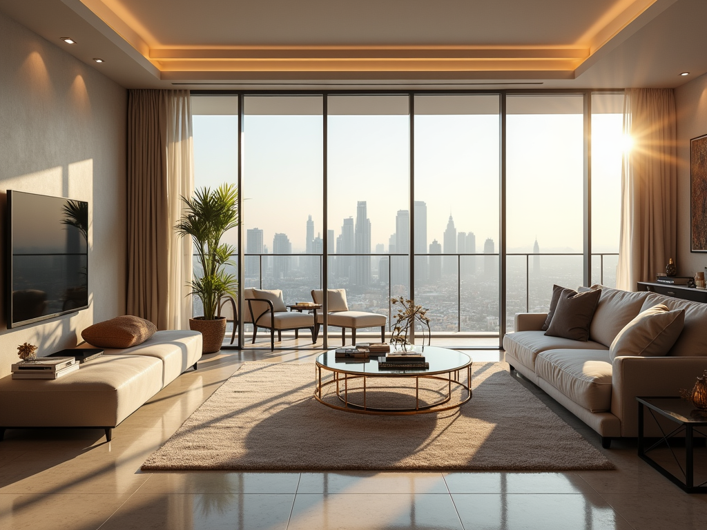 Modern living room with large windows showcasing city skyline at sunset.