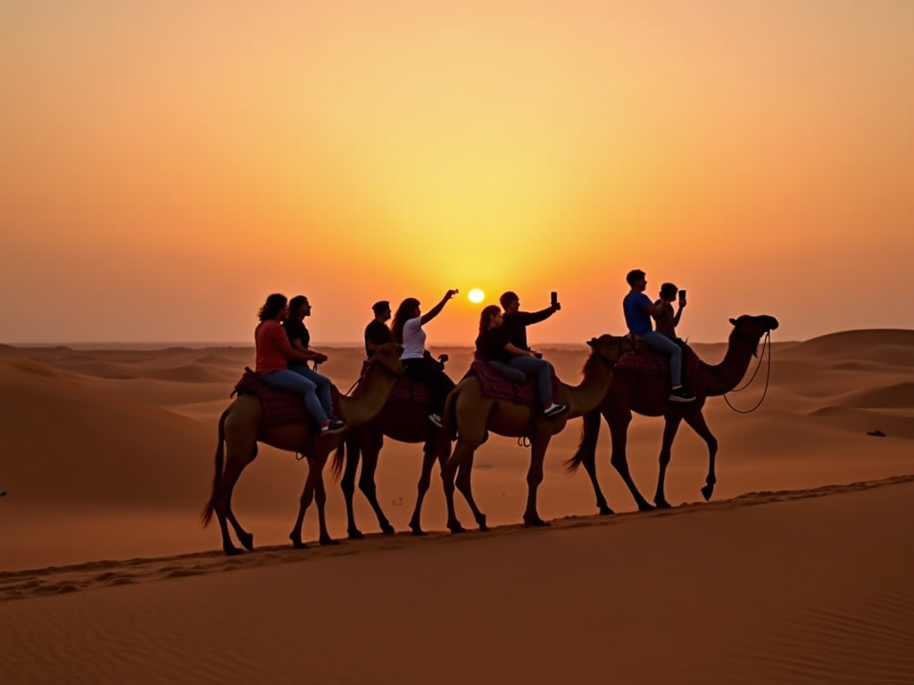 People riding camels in desert at sunset, capturing the moment with mobile phones.