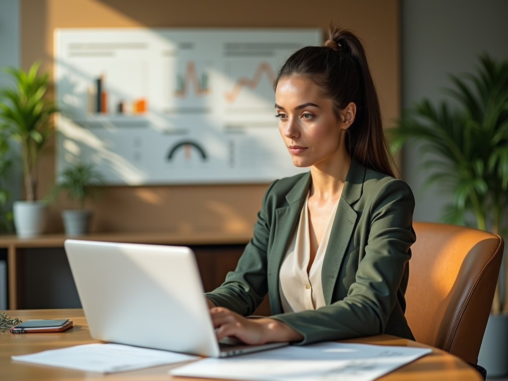 Focused woman at laptop with business analytics on screen in office.