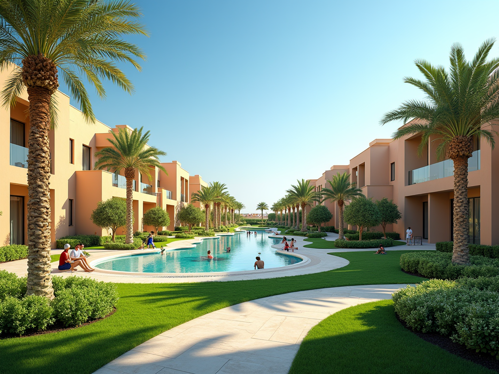 Lush residential complex with a central pool, surrounded by palm trees and modern terracotta homes.