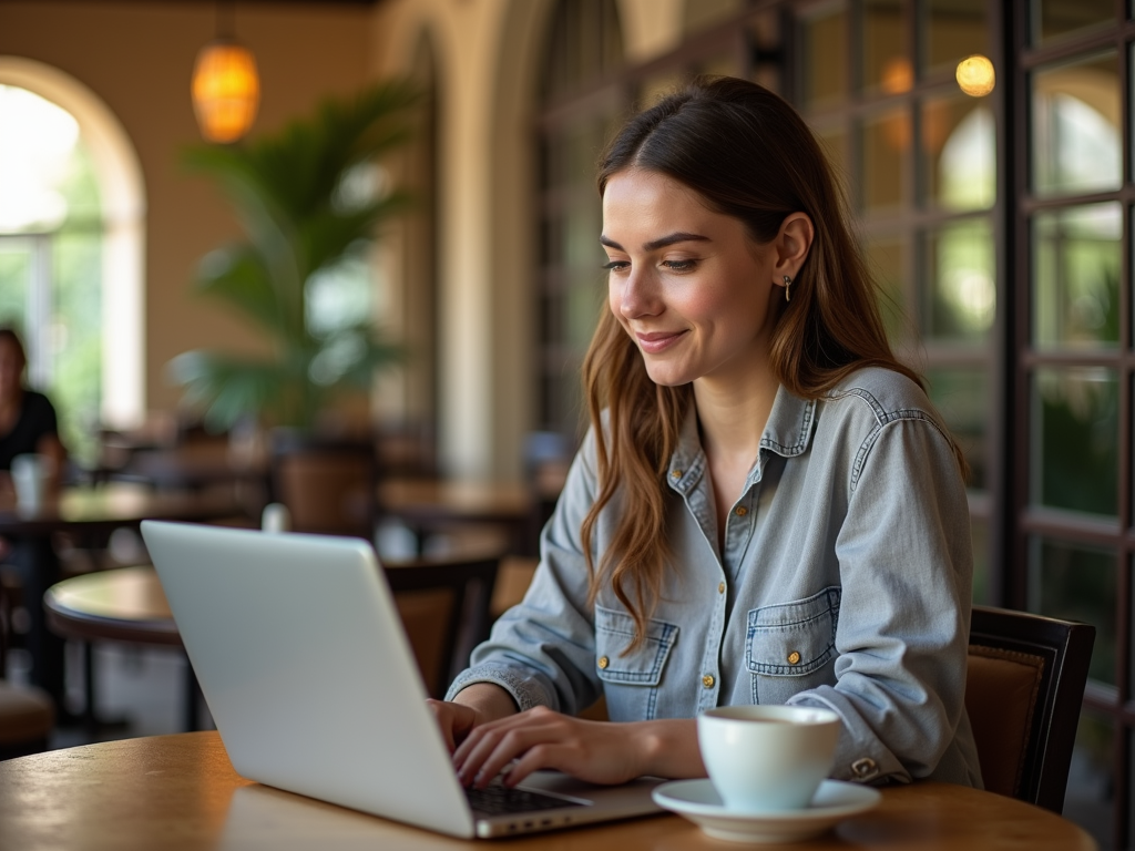 Woman smiling at laptop in a cafe with coffee cup on table.