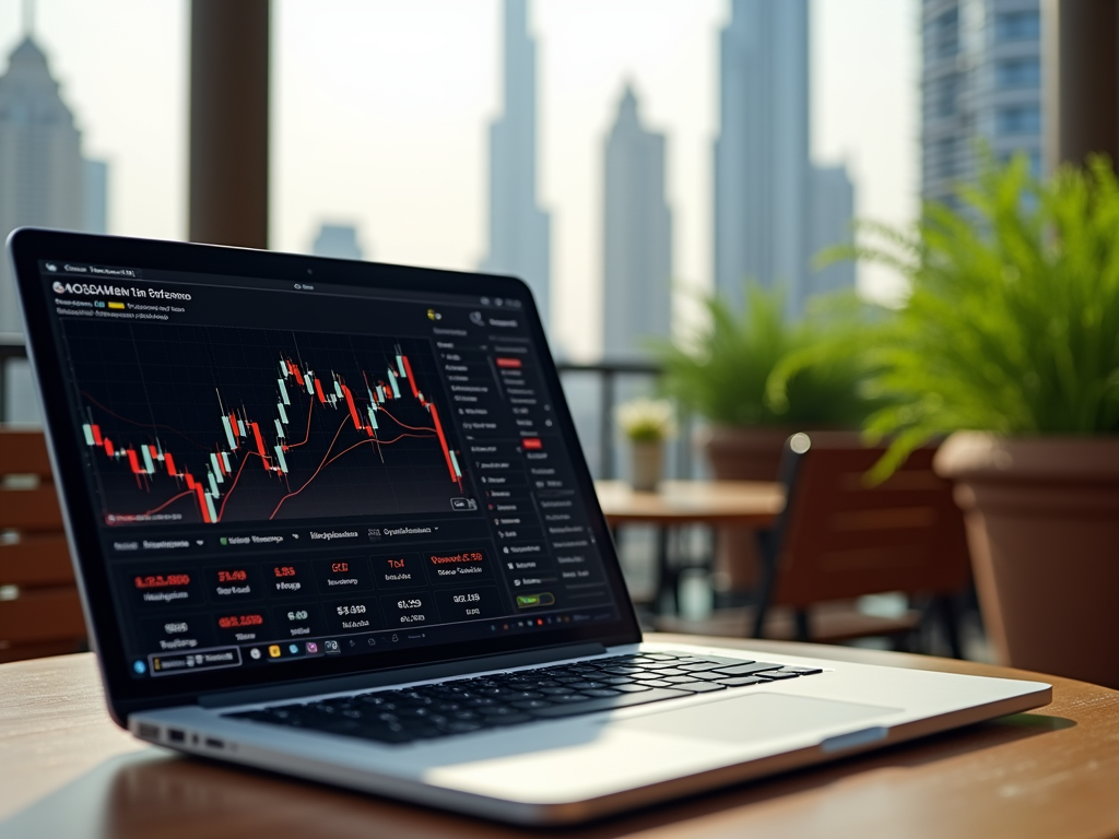 Laptop showing stock market graphs on a balcony with skyscraper backdrop.