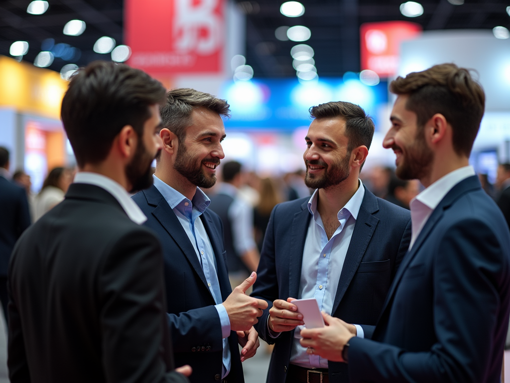 Four men in suits laughing and talking at a busy conference event.