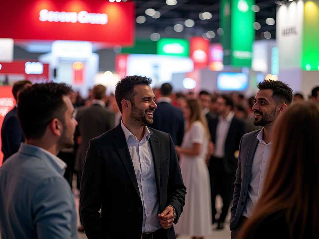 Men in business attire engaging in conversation at a busy conference event with colorful company logos in the background.