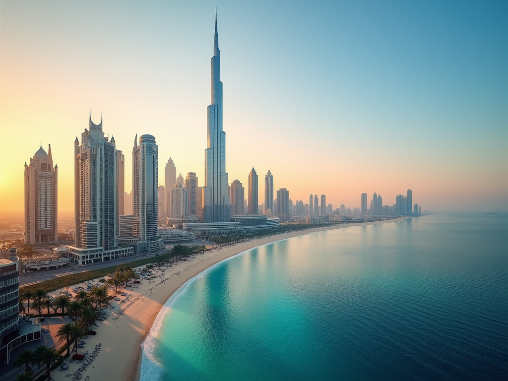 Sunrise over a modern city skyline and beachfront, with a prominent skyscraper and turquoise sea.