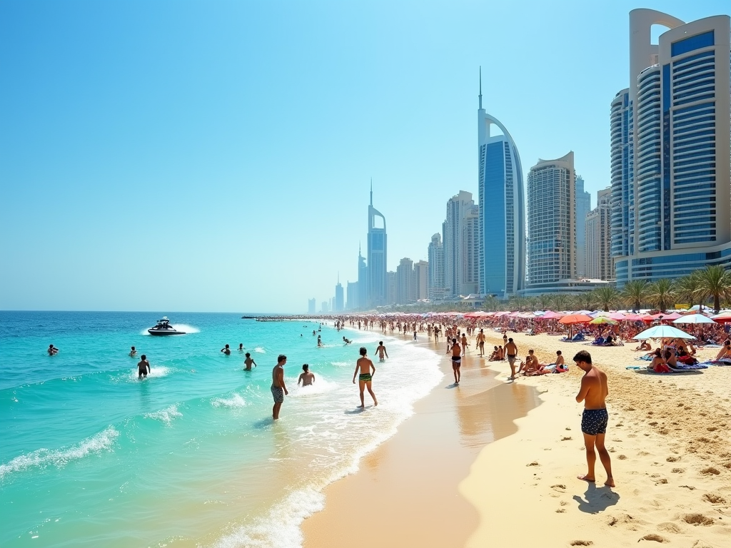 Crowded beach with people swimming and sunbathing, modern skyscrapers in the background.