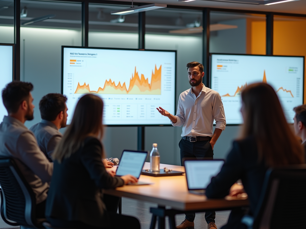 Man presenting business data to a group of colleagues in a modern office.