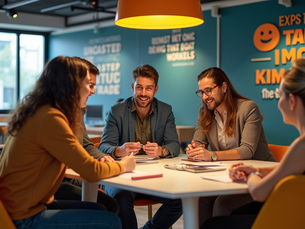 Four professionals having a discussion around a table in a brightly colored office space.