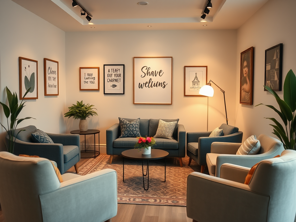 A cozy, stylish room with blue sofas and framed wall art, featuring plants and a coffee table with flowers.