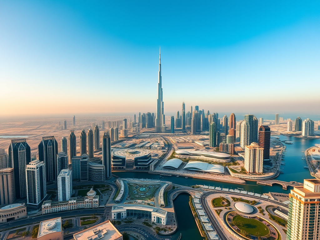 Aerial view of a modern city skyline featuring tall skyscrapers and a prominent tower against a clear blue sky.