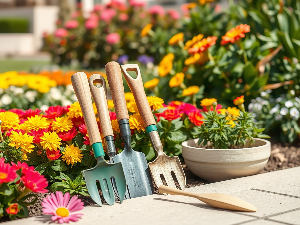 Three gardening tools with wooden handles are placed among vibrant flowers and a ceramic pot on the ground.