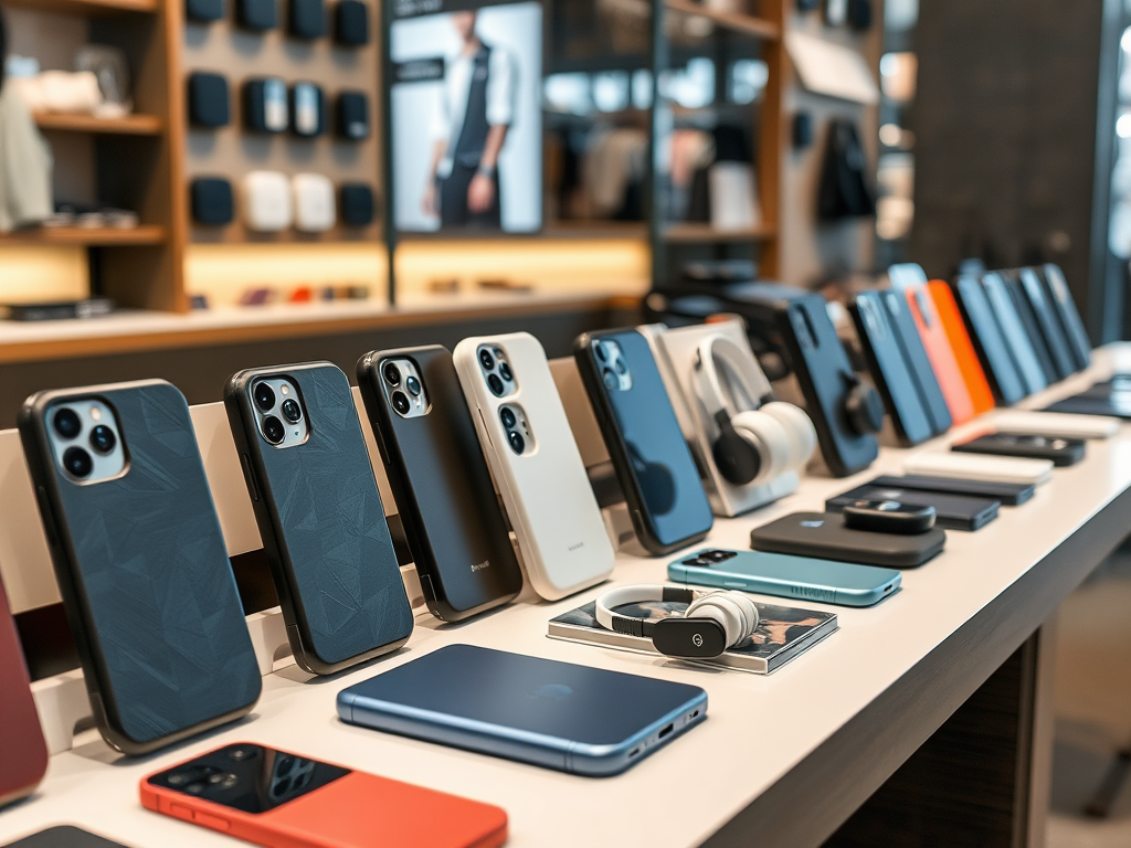 A display of various smartphones and accessories on a table in a modern retail store.