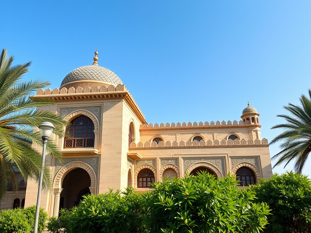 A beautiful architectural structure with a dome, surrounded by palm trees and lush greenery under a clear blue sky.