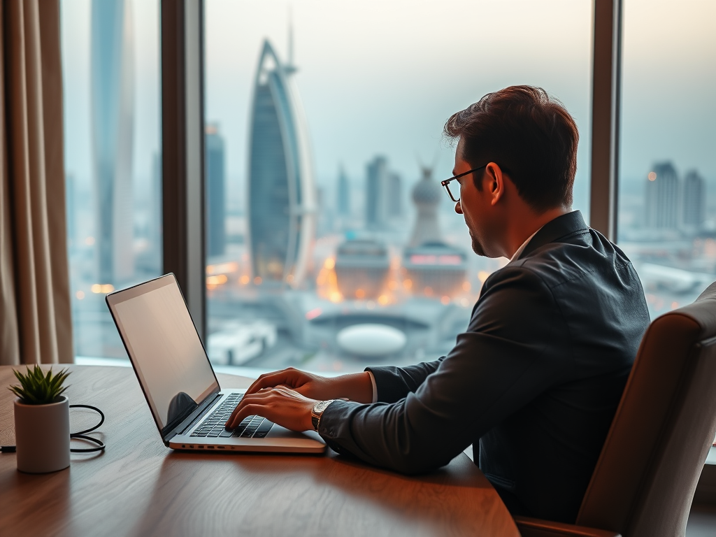 A man in glasses working on a laptop at a desk with a city skyline visible through the window.