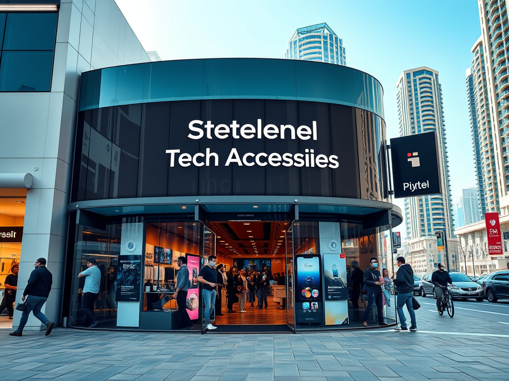 A modern tech accessories store with a curved entrance, featuring people shopping and browsing inside.