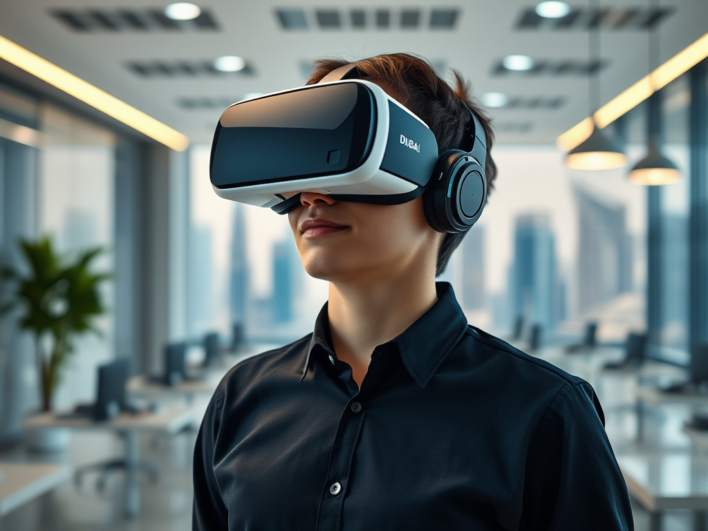 A person wearing a virtual reality headset in a modern office environment, focused and engaged.