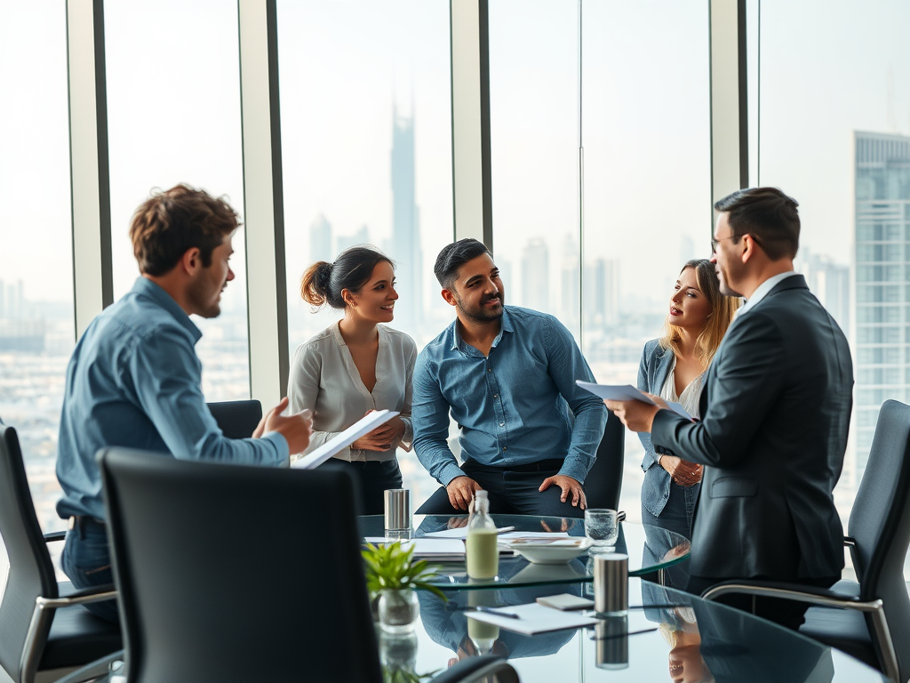 A group of professionals discusses strategies in a modern office with a city skyline view through large windows.