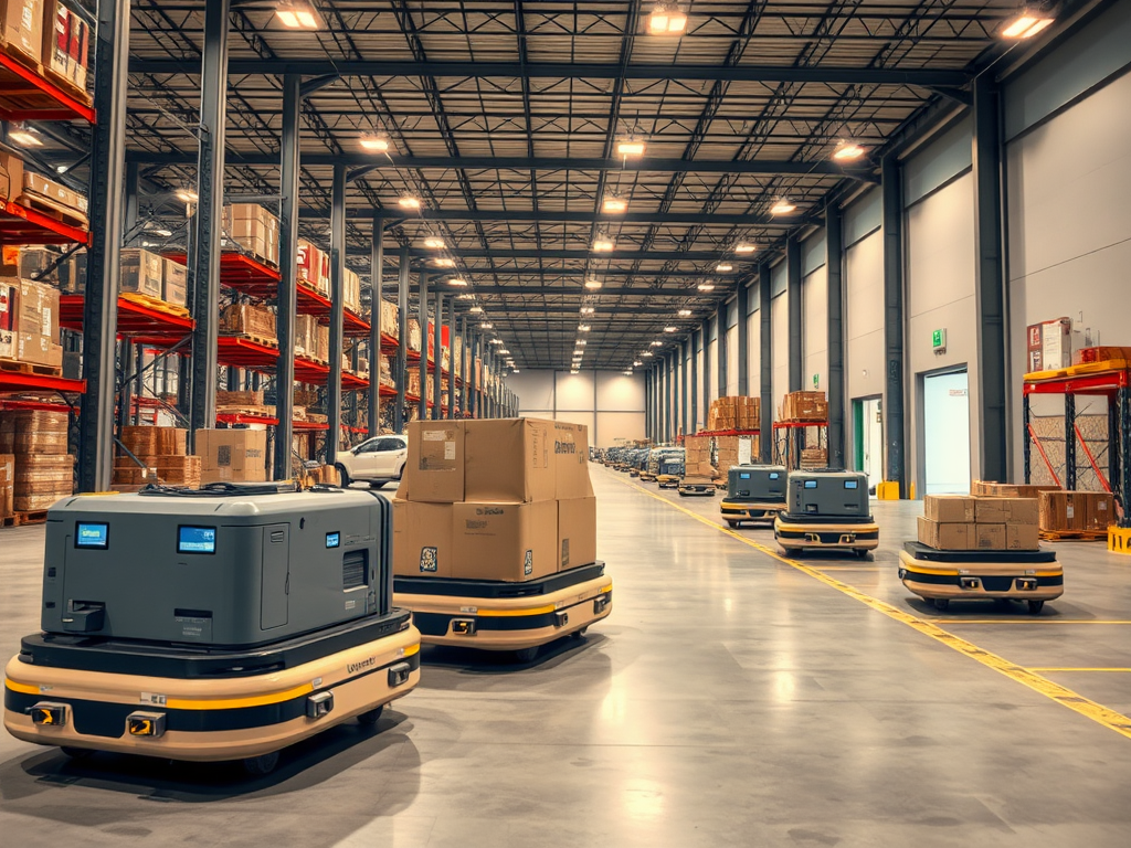 A modern warehouse with automated robots transporting boxes along wide aisles and shelves filled with packages.