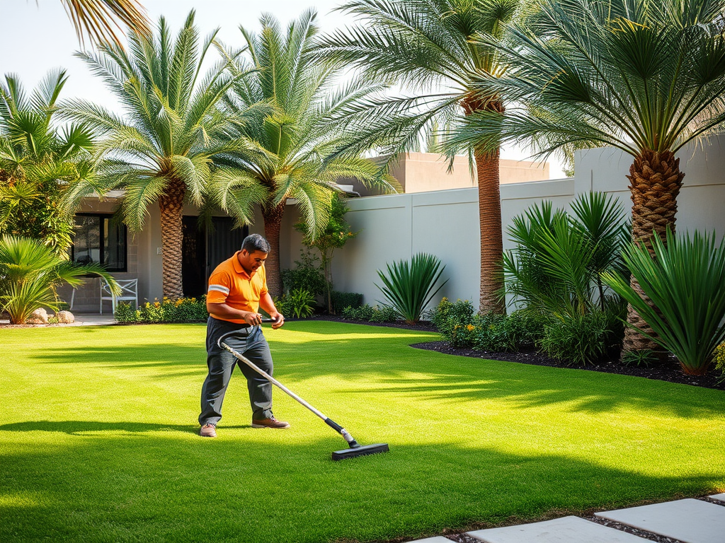 A man is grooming a lush green lawn surrounded by palm trees and other tropical plants in a sunny garden.