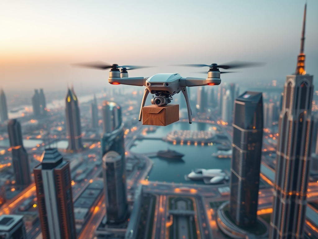 A drone carrying a package flies over a bustling cityscape at sunset, showcasing skyscrapers and water below.