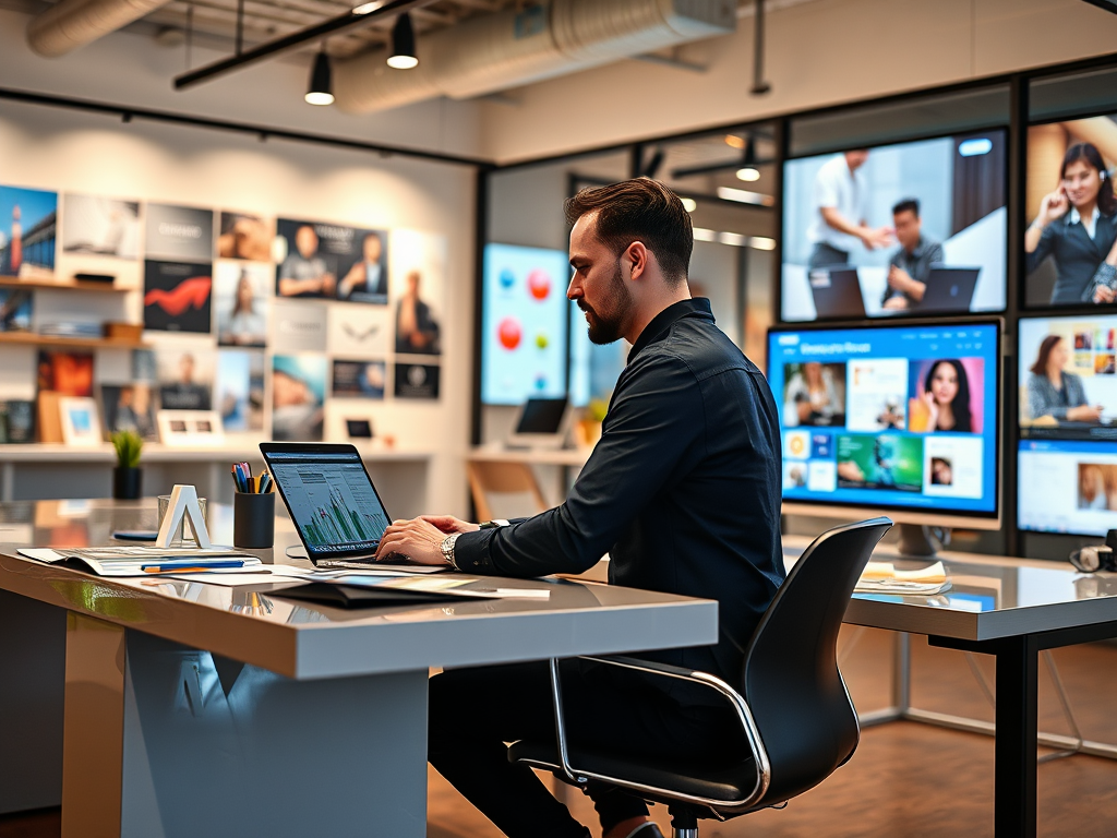 A man works on a laptop in a modern office space with multiple screens displaying various visuals in the background.