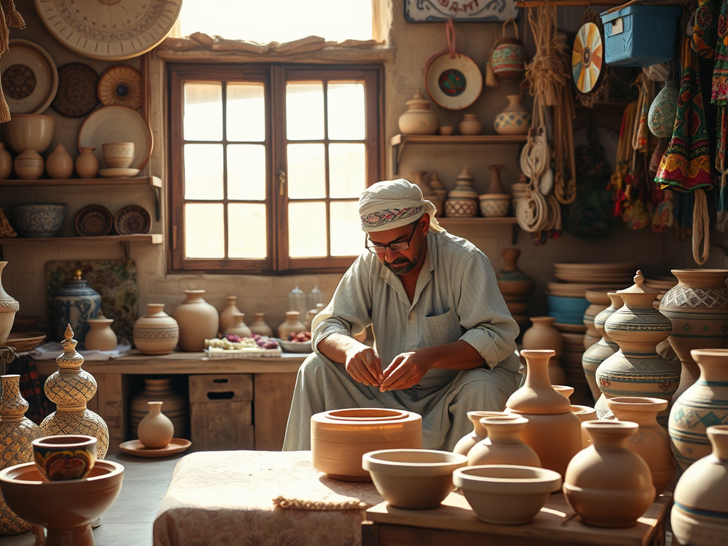 A potter meticulously crafts pottery in a sunlit workshop filled with various clay pieces and decorative items.